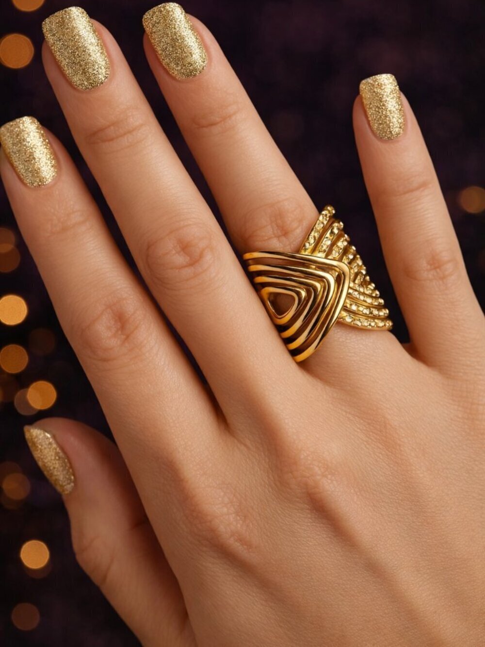 Art Deco 18K Gold Plated Geometric V Band Adjustable Statement Ring 8-10 NWT